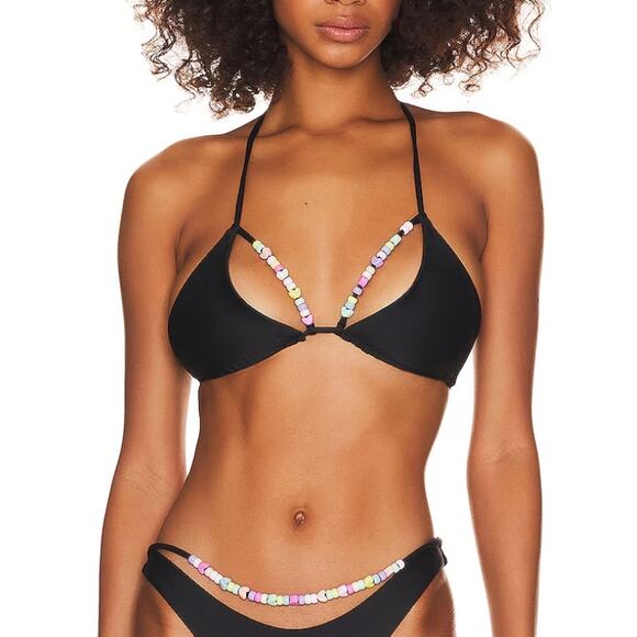 Lovers + Friends Black Beaded Triangle String Bikini Top XS Set On You $98 NEW - Picture 1 of 9